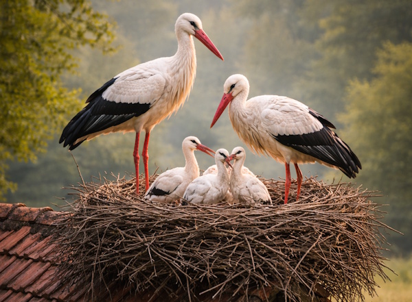 Stork family with a nest in Poland