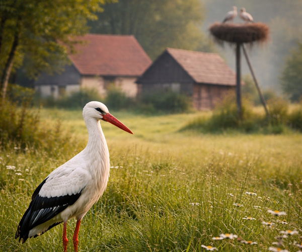 Stork in the country near a farm